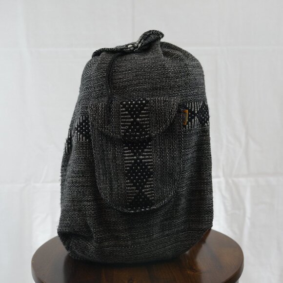 Black Woven Backpack with Geometric Pattern - Picture 1 of 8